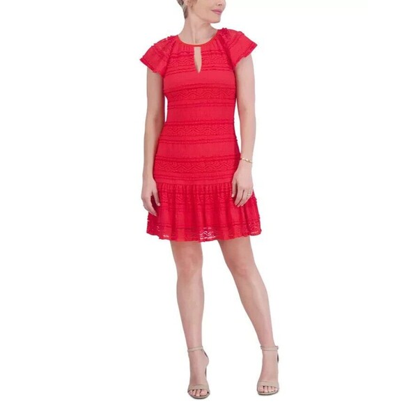 Jessica Howard Women's Flutter sleeves Lace A-Line Dress casual formal Red 14 - Picture 1 of 12